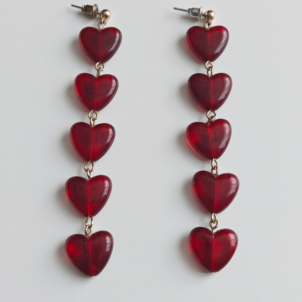 Red Heart Tiered Drop Earrings Translucent Resin beads Long Dangle Gold Tone